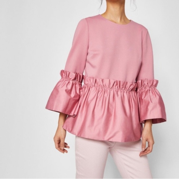 TED BAKER LONDON sherry dusky pink stretch peplum bell sleeve blouse size 0 XS - Picture 2 of 12